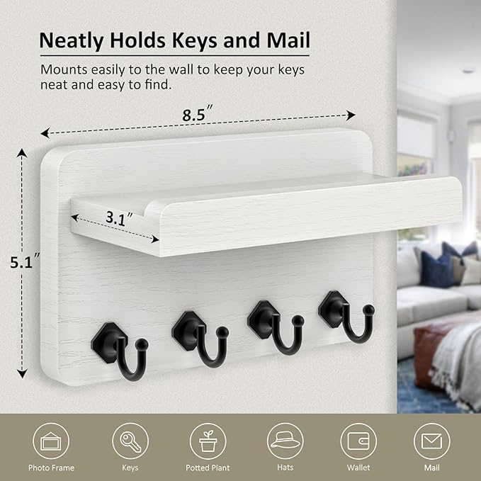 Nekon Key Holder Wall Mount, 8.5 Inch Small Home Decor Wooden Wall Organizer with 4 Hooks and Shelf, Key and Mail Holder for 