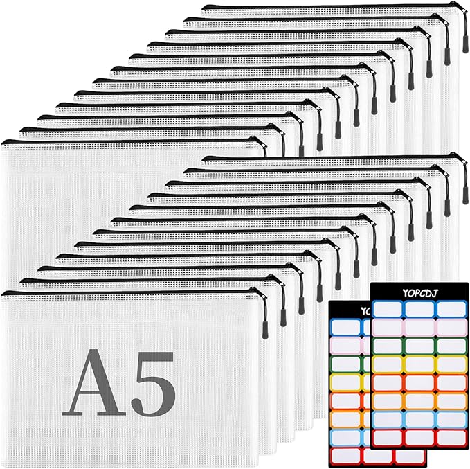 A5 Mesh Zipper Pouch, 24 Pack 9.4" x 6.9" Plastic Zipper Pouches for Organizing, Multipurpose Waterproof Zipper Bags for Trav