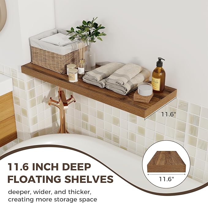 Fun Memories Deep Floating Shelves, 36" W x 12" D Wood Floating Shelves for Wall, 2 Pack Extra Deeper & Thicker Wall Mounted 