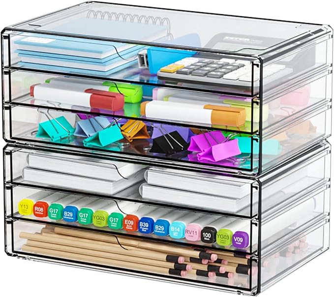 Yieach 2 Pack Acrylic Storage Drawers With 6 Drawers,Stackable Desk Organizer and Makeup Organizer,Large Clear Office Supplie