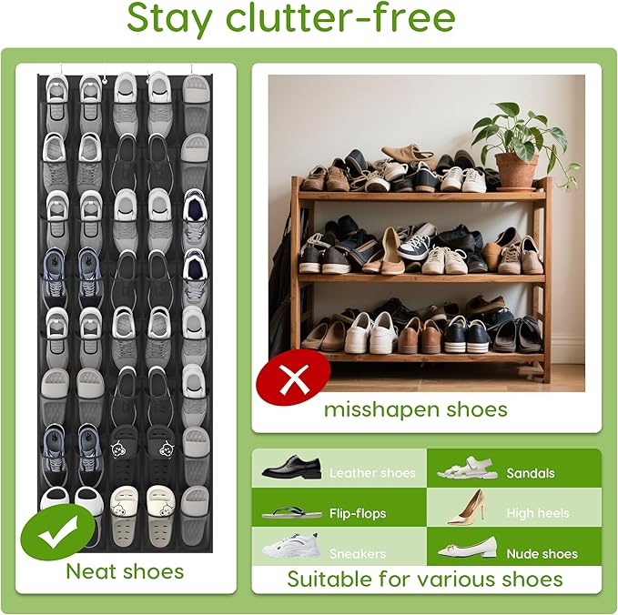 Unjumbly Over the Door Shoe Organizer with 40 Large Breathable Mesh Pockets, Space Saving Shoe Holder, Hanging Shoe Rack for 