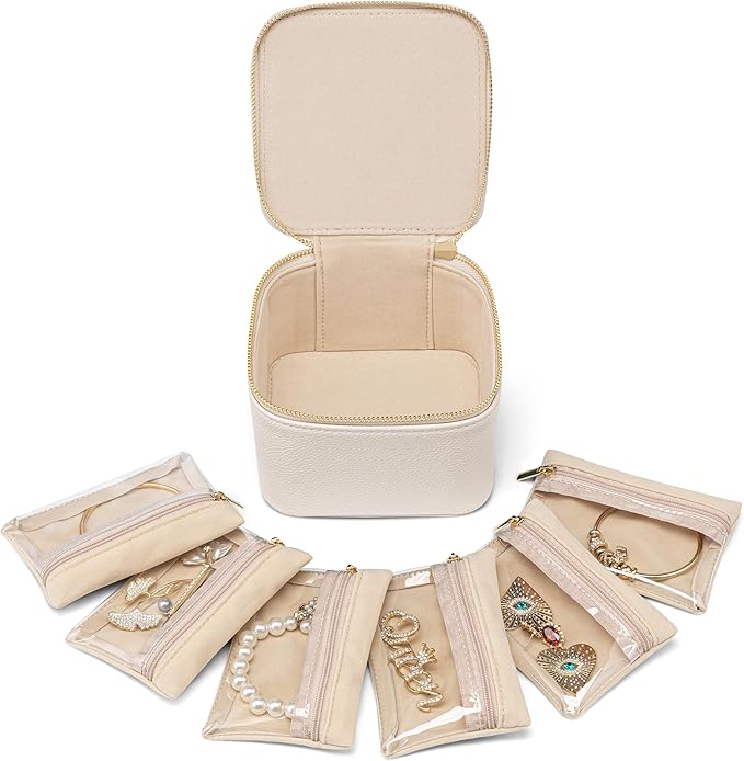 Vlando Jewelry Travel Case,Valentines Gift,Travel Jewelry Organizer with Clear Velvet Jewelry Bags 6Pcs Zipper Pouch for Wome