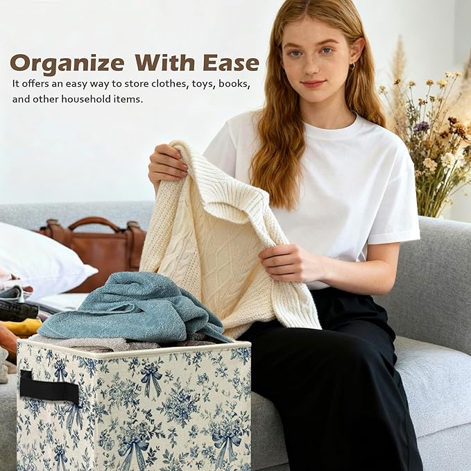 Chinoiserie Bow Floral Storage Box Bins, Blue and White Grandmillennial Flower Collapsible Storage Basket Organizer for Bedro