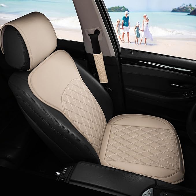Sanwom Front Car Seat Covers - Leather Seat Covers with Storage Pocket and Two Belt Pads, Anti-Slip Waterproof Universal Seat