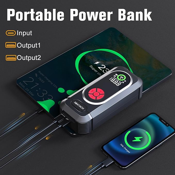 6000A Jump Starter with Air Compressor, Car Battery Jump Starter Portable (10.0 Gas/10.0L Diesel), 150 PSI 12V Car Battery