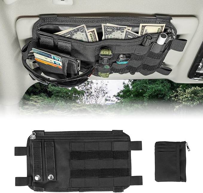 Car Visor Organizer with Coin Pouch, MOLLE Sun Visor Organizer for Cars, Trucks, SUVs, Zipper Pouch Car Accessories for Women Men