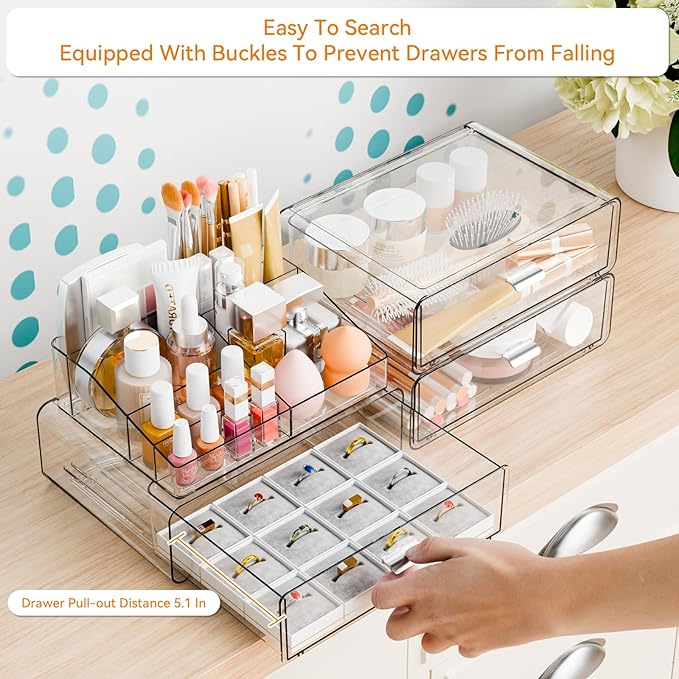 Yieach 4 Tier Clear Acrylic Makeup Organizers with Drawers,Tiered Countertop Make up Storage Organizer for Dresser Top and Ba