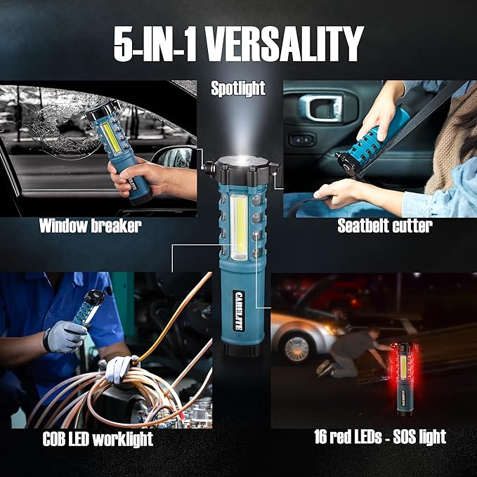 Emergency Car Flashlight with Seatbelt Cutter and Window Breaker, LED Work Light & Flash Beacon, Life-Saving Car Escape Tool 