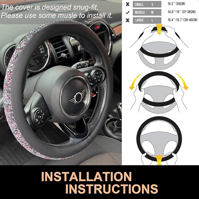 PINCTROT Chenille Leather Steering Wheel Cover, Soft Mottled Colors, Sweat-Proof, Non-Slip Grip, All-Season Comfort, Universa