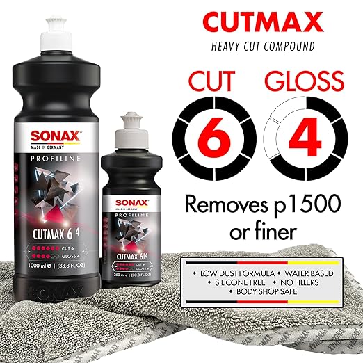 SONAX CutMax Cutting Compound | High-Abrasive Paint Correction Polish for P1500 Grit Sanding Marks | Silicone-Free, Dust-Free, and Odorless | Long Buffing Cycle for Severe Weathered Paint | 24650 | 5L