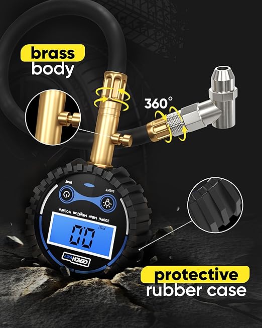 Digital Tire Pressure Gauge 200 PSI - Accurate Air Pressure Gauge for Tires with Easy-to-Read Numbers & 45° Angle Chuck