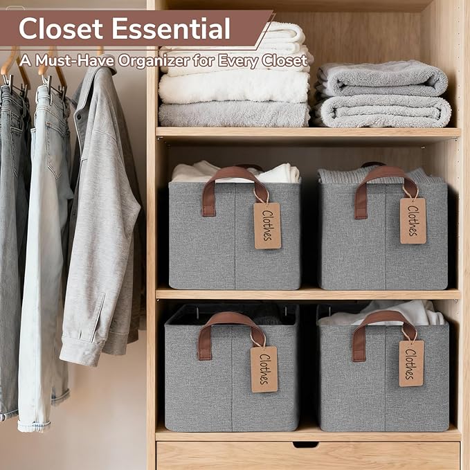 CHICVITA 4 Pack Storage Baskets for Shelves, Foldable Fabric Storage Bins with Metal Frame Handles, Closet Organizer Bins for