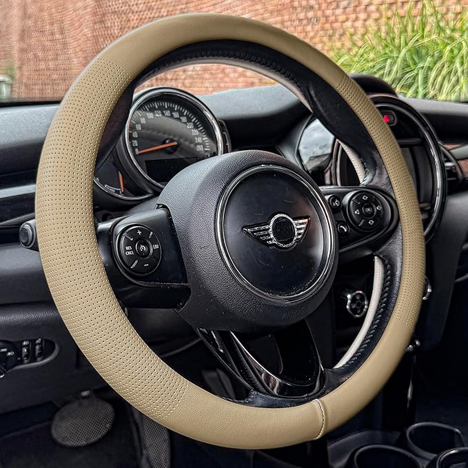 PINCTROT Large Size Nappa Leather Steering Wheel Cover, Slim Fit No Bulk Design, One Piece Leather with Breathable Perforatio