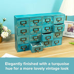 Teal 16-Slot Wooden Drawer Unit - Country Style Desk Organizer Box - 20"x3.6”x14” Wooden Storage Box w/ 16 Drawers - Countert