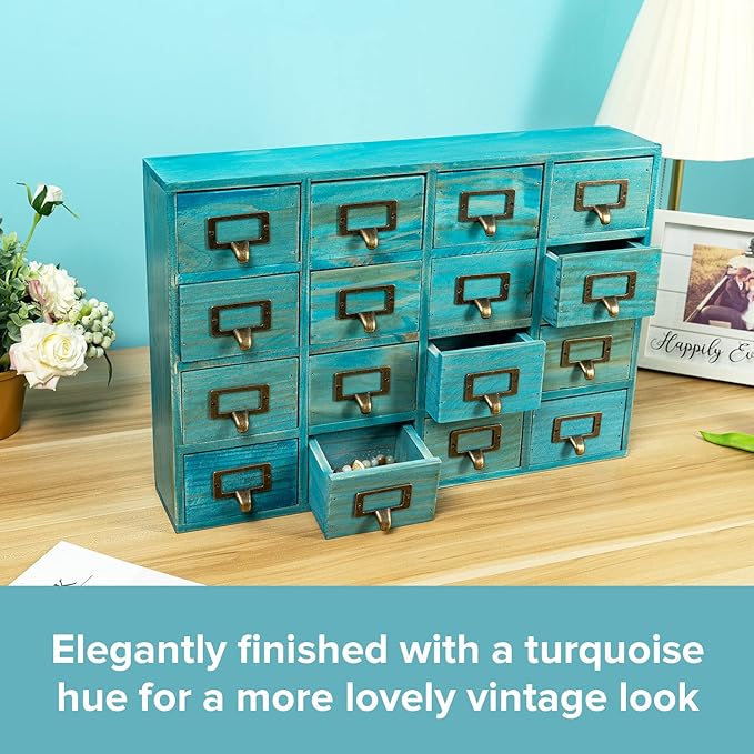 Teal 16-Slot Wooden Drawer Unit - Country Style Desk Organizer Box - 20"x3.6”x14” Wooden Storage Box w/ 16 Drawers - Countert