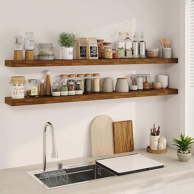 Fun Memories 66 Inch Fireplace Mantel - Long Floating Shelf, Wall Mounted Farmhouse Display with Invisible Heavy Duty Metal B