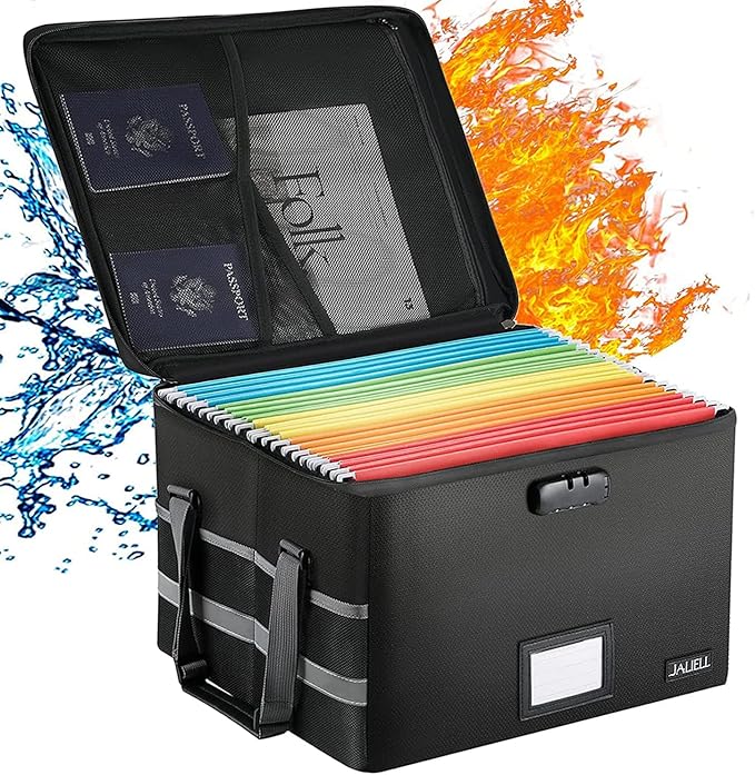 File Box with Lock, Fireproof Document File Organizer Box with Zipper & Adjustable Handle, Collapsible File Storage Box Home 