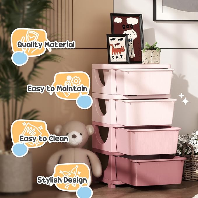 Qaba 4 Tier Kids Storage Unit, Toy Organizers and Storage with 4 Drawer Chest for Kids Bedroom Nursery Kindergarten Living Ro