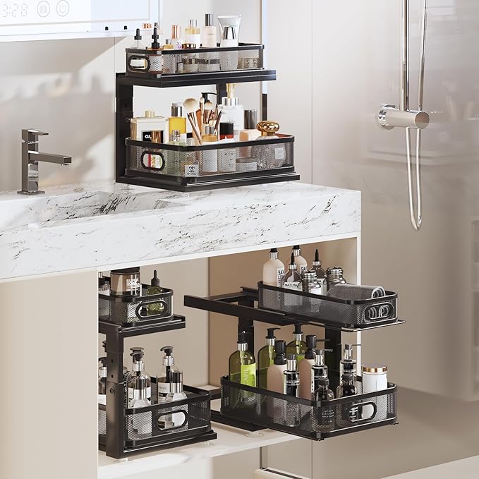 2 Pack Under Sink Organizer With Next-Gen Ball-Bearing Slides,2-Tier Precision Mesh Pull Out Cabinet Shelf Storage for Bathro