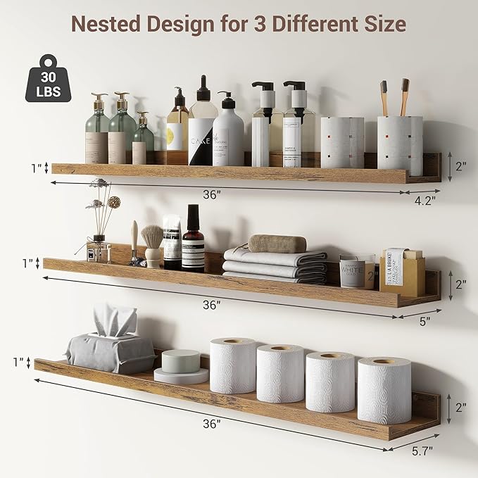 Axeman 36 Inch Floating Shelves | Brown Picture Ledge Shelf Set of 3 | Rustic Brown Wood Wall Shelves with Lip | 36" Picture 