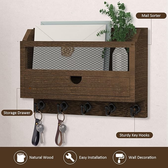 Nekon Key and Mail Holder for Wall, Key Organizer with 5 Hooks & Storage Drawer, 11" W x 7.9" H x 3.1" D Wooden Key Rack for 