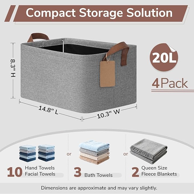 CHICVITA 4 Pack Storage Baskets for Shelves, Foldable Fabric Storage Bins with Metal Frame Handles, Closet Organizer Bins for