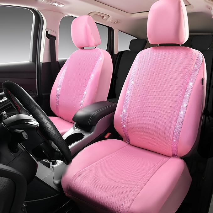 CAR PASS Bling Diamond Car Seat Covers, Shining Rhinestone Waterproof Faux Leather Pink Car Accessories Two Front Only Universal Fit Auto Glitter Crystal Sparkle Strips for Cute Women Girl, Pink