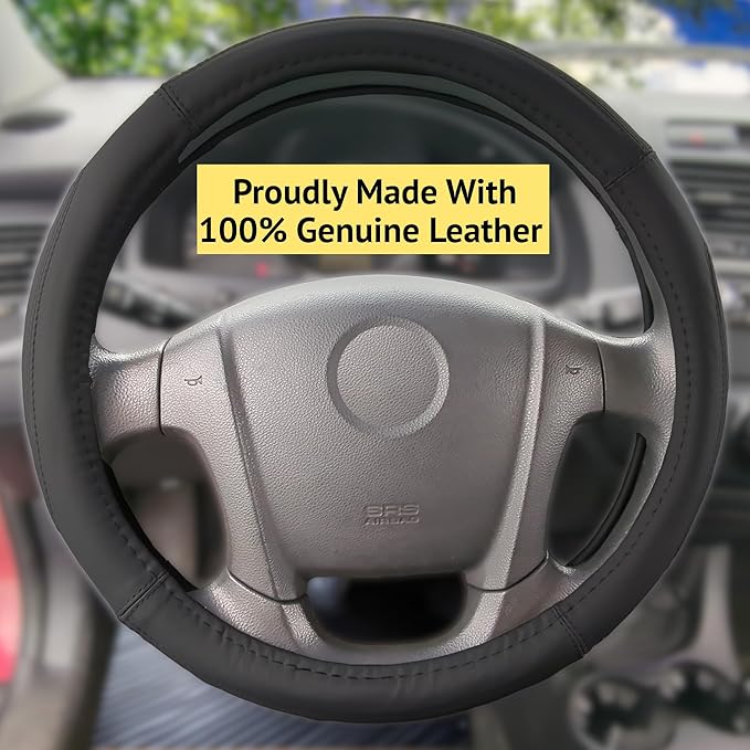 Steering Wheel Cover, Black, Real Genuine Leather, Small, 14 inch, for Men and Women, Universal, Stretch On, Heat Resistant, Stays Cool, Non-Slip, HANWOLF