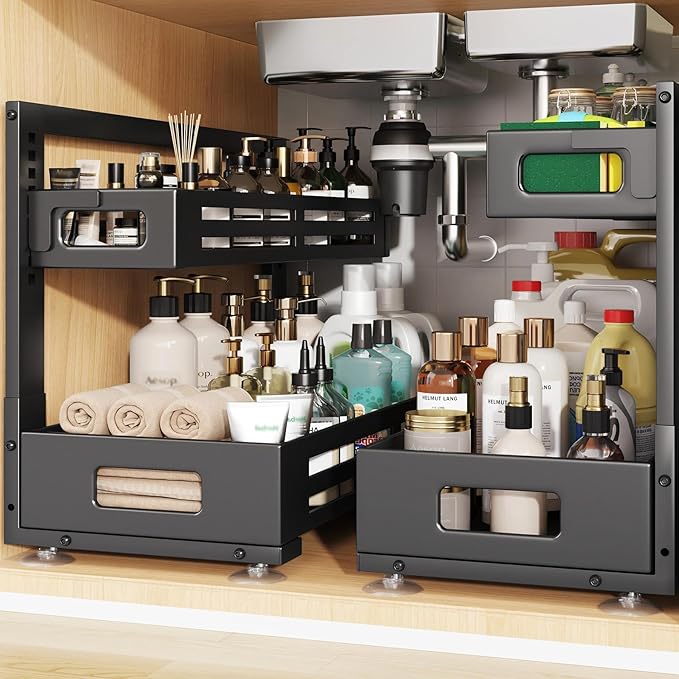 2 Pack 21IN-Depth Under Sink Organizer,Pull Out Cabinet Organizer With Smooth Cylindrical Rail,Metal Slide Out Drawer for Kit