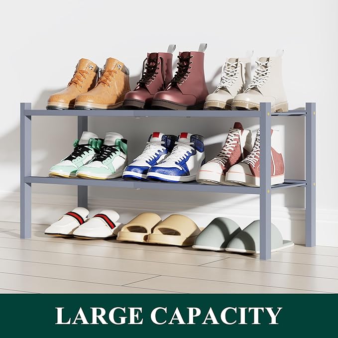 Smiry Shoe Rack, 2 Tier Bamboo Shoe Organizer, Stackable Free Standing Wooden Shoe Storage Shelf for Closet, Entryway, Front 
