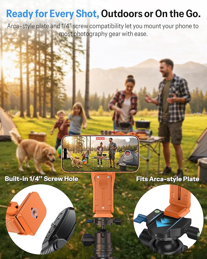 OMOTON TP02-Pro Magnetic Phone Holder for Vlogging, Content Creator Essentials with 1/4" Screw, Arca, Strong Back Magnet for Gym, Adjustable Phone Stand & Selfie Stick for iPhone 12-17 Series, Orange