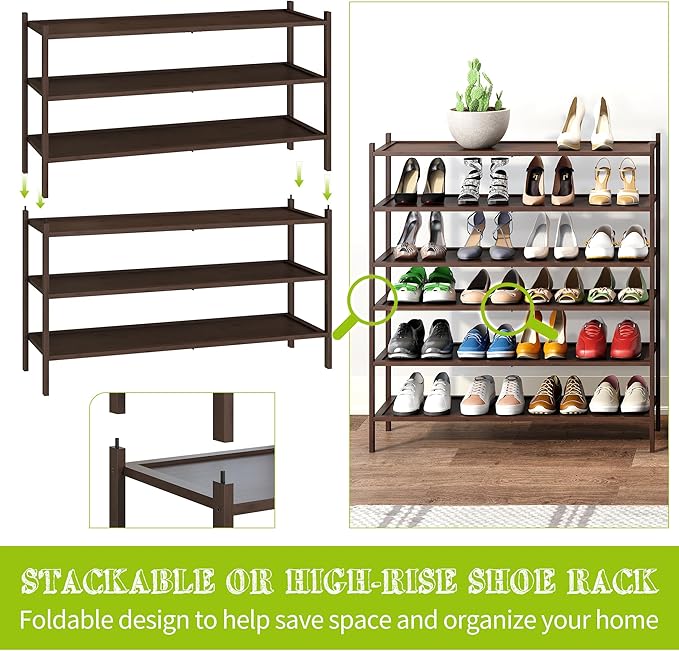 BMOSU 3-Tier Bamboo Extended Shoe Rack Premium Stackable Shoe Shelf Storage Organizer for Hallway Closet Living Room Entryway