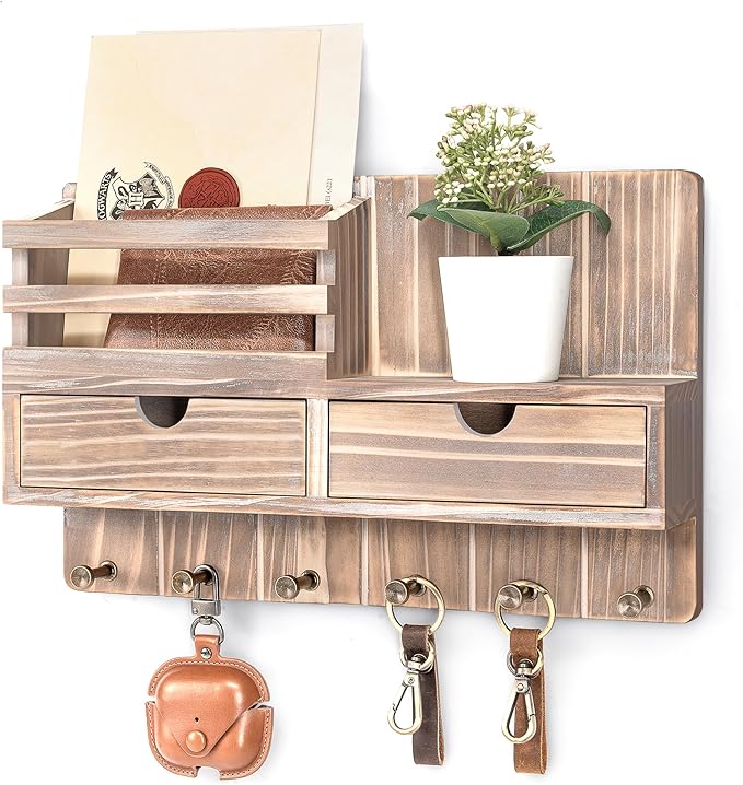 Rebee Vision Farmhouse Key Holder Wall Mount with 2 Drawer Organizer – Key and Mail Holder for Wall with 6 Key Hooks & Shelf 