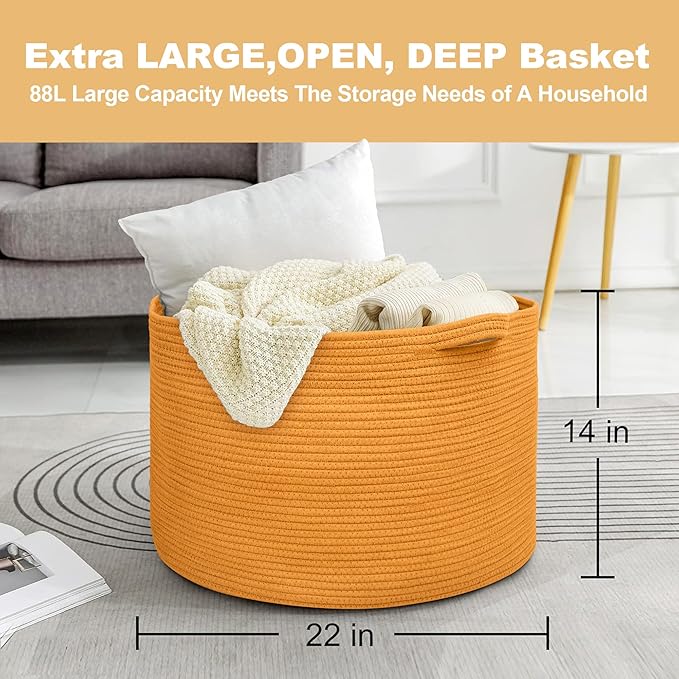 MEGASKET Extra Large Orange Basket, 22" X 22" X 14" Woven Cotton Rope Bins for Blankets, Baby Nursery Wicker Laundry Towel Ba