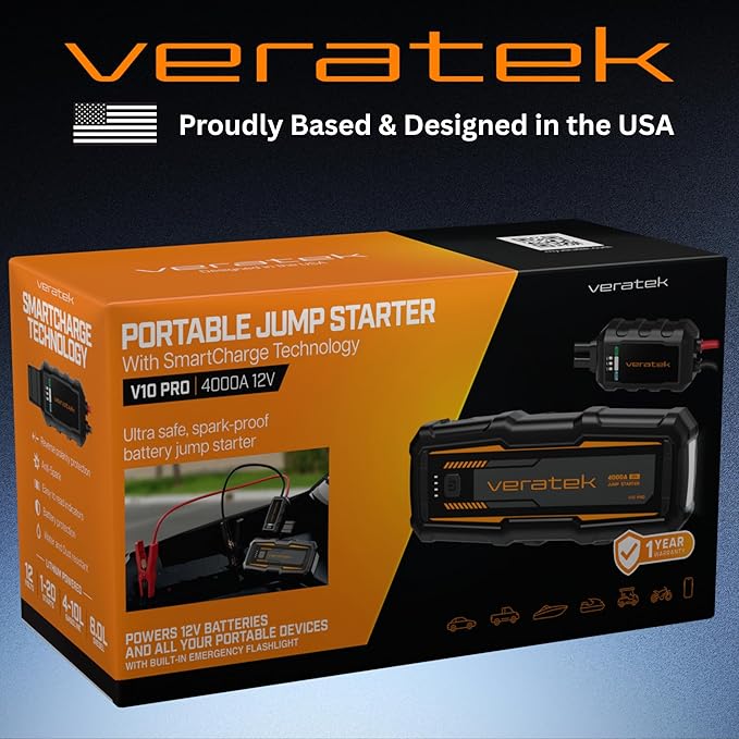 ReelCharge - Veratek V10 Pro 4000A Car Battery Jump Starter Portable (10.0L Gas & 8.0L Diesel) - 12V Lithium Battery Booster