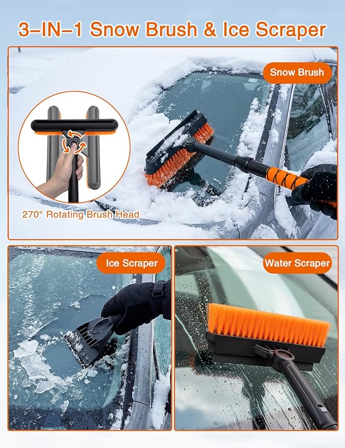 33 Inch Ice Scrapers for Car Windshield, 3 in 1 Extendable Snow Brush, Snow Scraper for Car with Foam Grip and 270° Pivoting Brush Head, Silicone Squeegee for Sedan SUV Truck RV