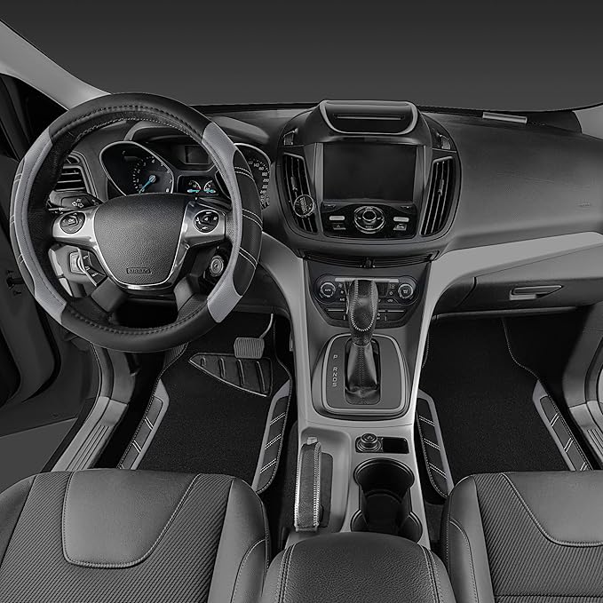 CAR PASS Leather Steering Wheel Cover and Waterproof Car Floor Mats,Microfiber Universal Car Combo Fit for 95% Sedan,SUV,Cars