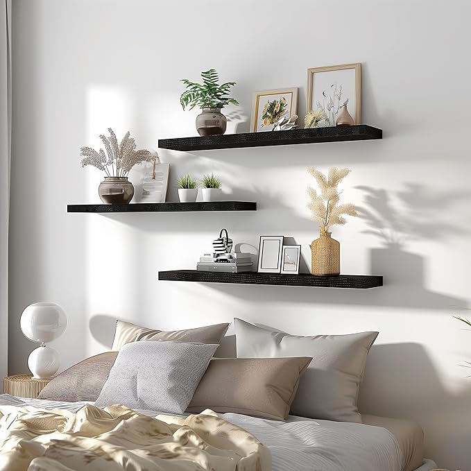 PHPH 36 Inch Wood Floating Shelves for Wall, Wooden Wall Shelves for Bedroom, Set of 4 Black