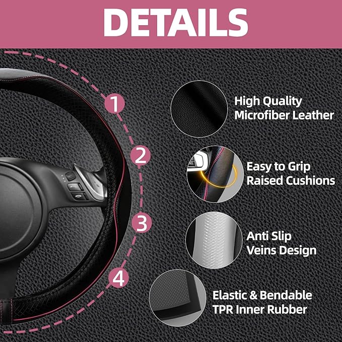 NBTEPEM Microfiber Steering Wheel Cover and Waterproof Car Floor Mats, Universal Fit Most Truck, SUV, Cars, 14.5-15inch Sporty Steering Wheel Covers with Anti-Slip Lining (Black with Pink line)