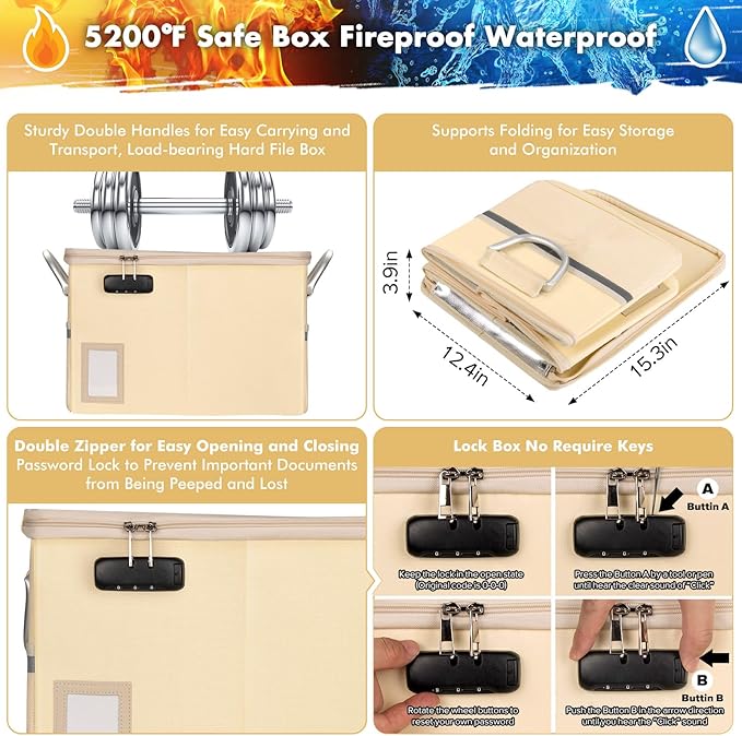 TOMKID 5200°F Fireproof Document Box, Fire Important Document Organizer with Lock, Upgraded Heat Insulated Filing Storage Cab