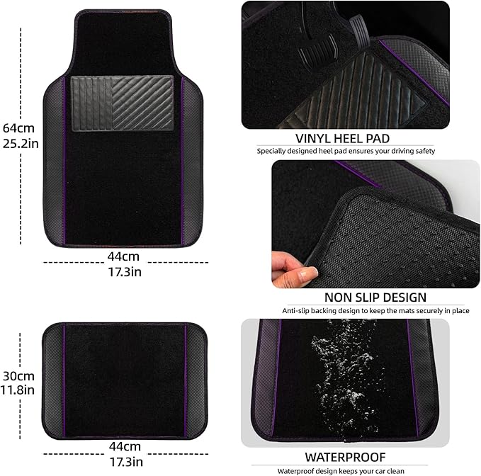 NBTEPEM 10 Pcs Car Floor Mats Full Set Car Accessories, Microfiber Leather Steering Wheel Covers 14.5-15 inch, Center Console Cover, Seat Belt Pads, Cup Coasters, Universal Interior Decor(Purple)