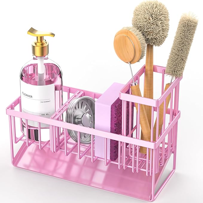Cisily Pink Kitchen Sink Caddy Organzier with High Brush Holder, Sponge Holder for Sink, 304 Rustproof Stainless, Kitchen Cou