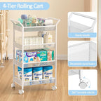 Baby Diaper Caddy Cart, 4-Tier Diaper Caddy Organizer and Storage, Rolling Utility Cart for Baby Supplies, Diaper Cart with W