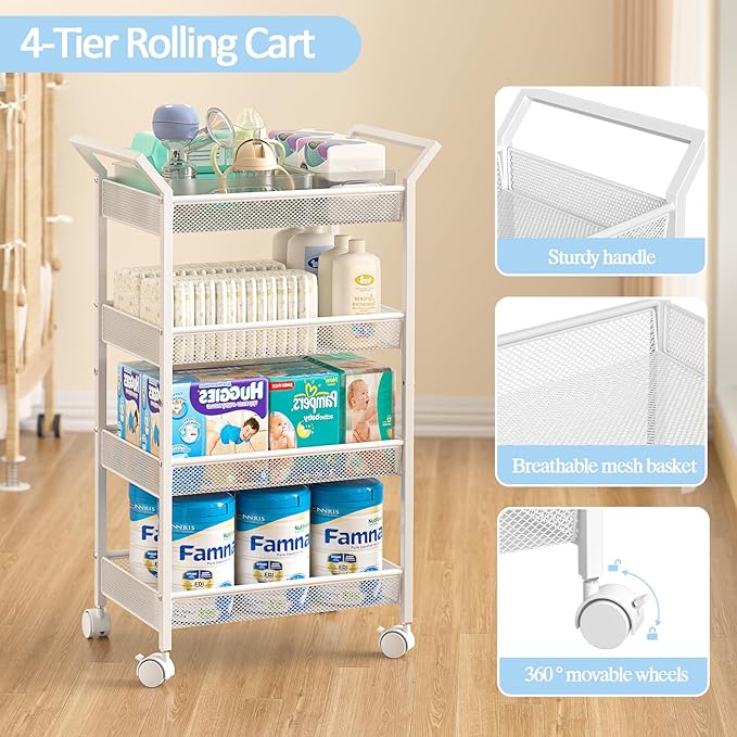 Baby Diaper Caddy Cart, 4-Tier Diaper Caddy Organizer and Storage, Rolling Utility Cart for Baby Supplies, Diaper Cart with W