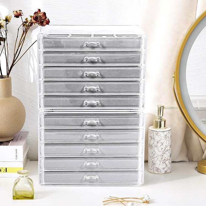 ProCase Earring Holder Organizer Jewelry Box with 10 Drawers, Acrylic Clear Earring Case with Adjustable Velvet Trays for Wom