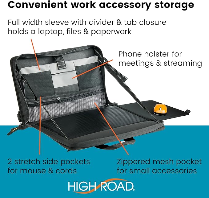 High Road Car Desk for Laptop and Steering Wheel Desk - Portable Car Office Laptop Case with 6 Storage Compartments, Phone Holder, Sturdy Mouse Tray and Wrist Rest