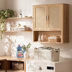 INNOD Rattan Bathroom Wall Cabinet with Open Compartments, Wall-Mounted Medicine Cabinet with Adjustable Wood Shelf & Doors, 