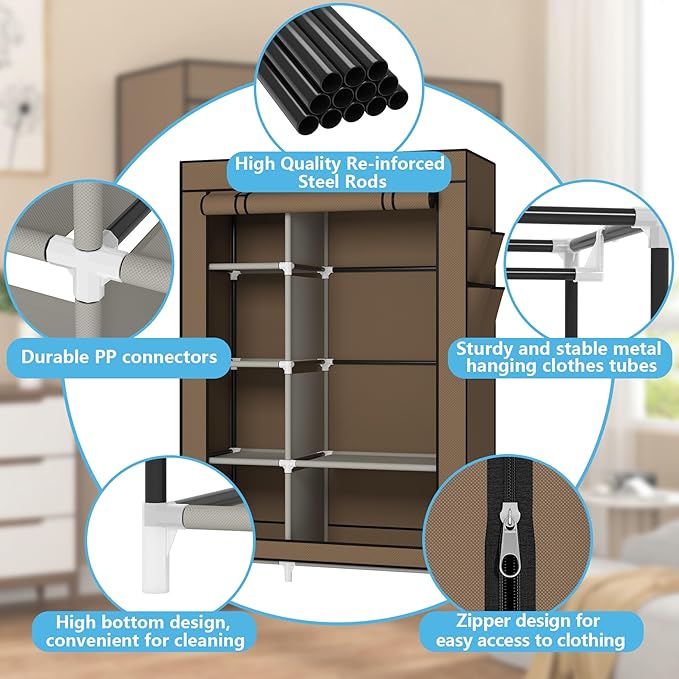 Calmootey Portable Closet Organizers, Clothing Storage, Wardrobe with 6 Shelves and Hanging Rod, Non-Woven Fabric Cover with 