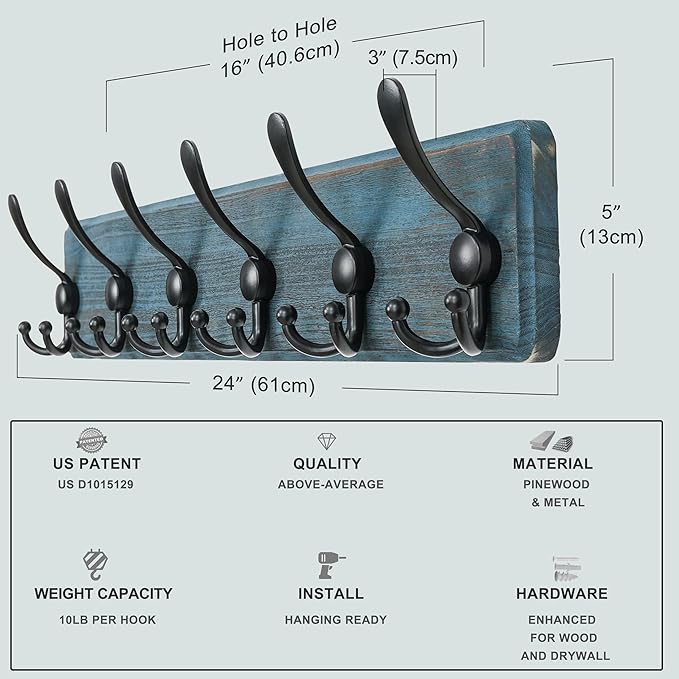 Dseap Coat Rack Wall Mounted - 24" Long 6 Tri Hooks, Heavy Duty Wooden Wall Coat Hanger Coat Hook for Clothes Hat Jacket Clot