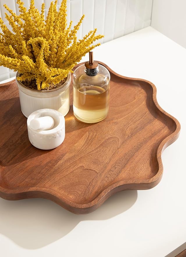 Kate and Laurel Alezar Mango Wood Wavy Round Lazy Susan Tray, 18 Inch Diameter, Walnut Brown, Scalloped Wooden Countertop Org